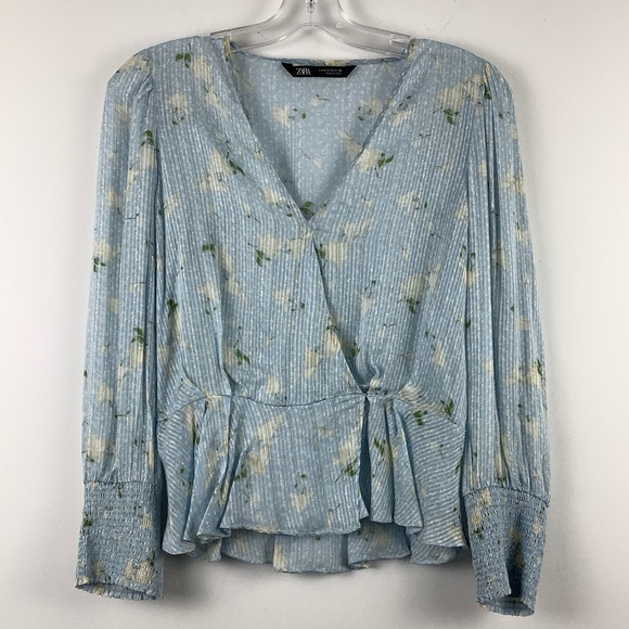 Zara Tops - Zara Floral Cropped Faux Wrap Blouse Top in Blue